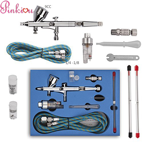 Pinkiou Double Action Airbrush Kit Air Brush Spray Gun with 0.3mm/0.2mm/0.5mm Needles and Air Hose for Temporary Tattoo Nail Art Car Hobby