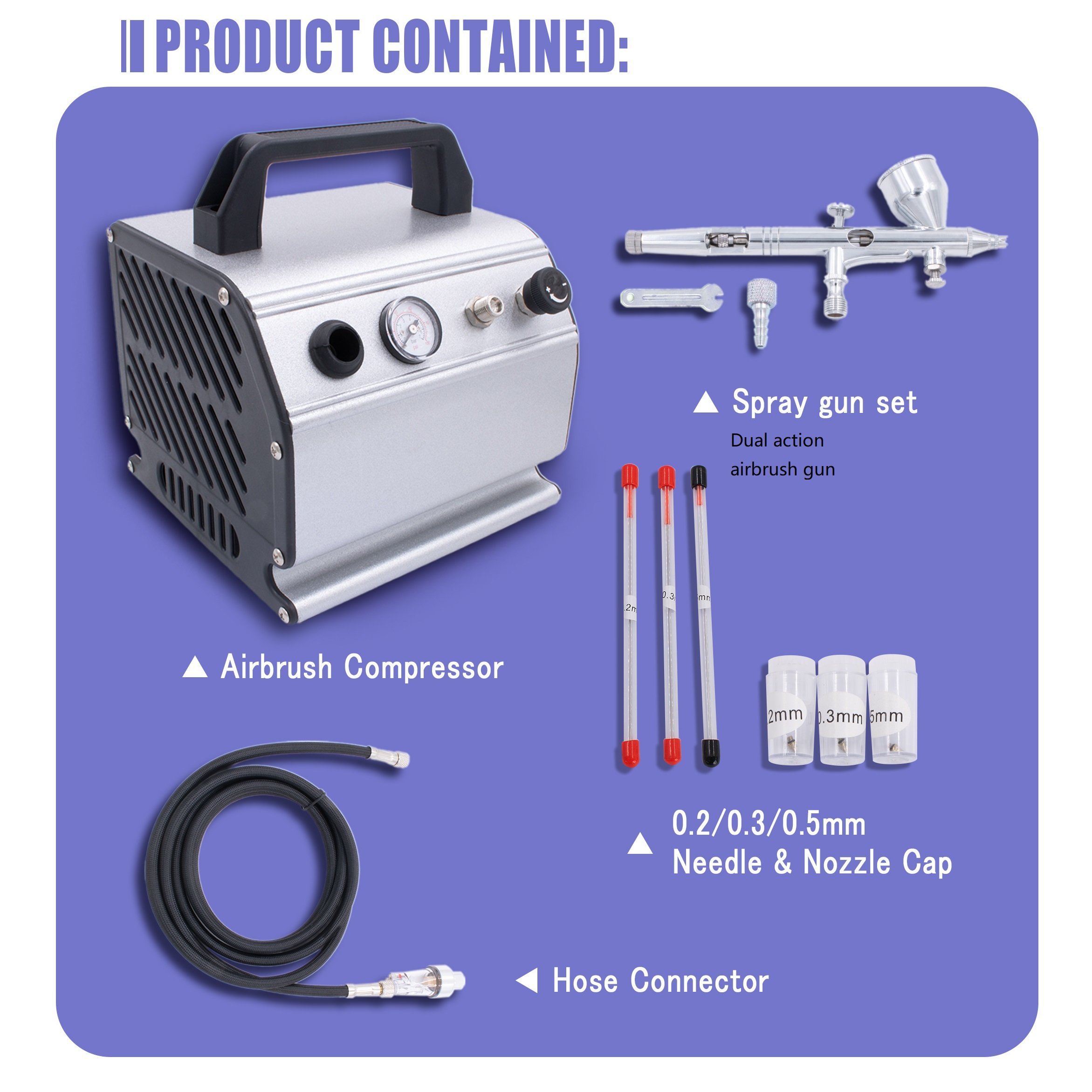 Pinkiou Airbrush Kit with Compressor Dual Action Air Brush Set with 1/6 HP Quiet Air Compressor Include 0.2mm 0.3 &0.5mm Needles and Hose for Model Painting Body Paint Cakes,Clothes Painting - Image 2
