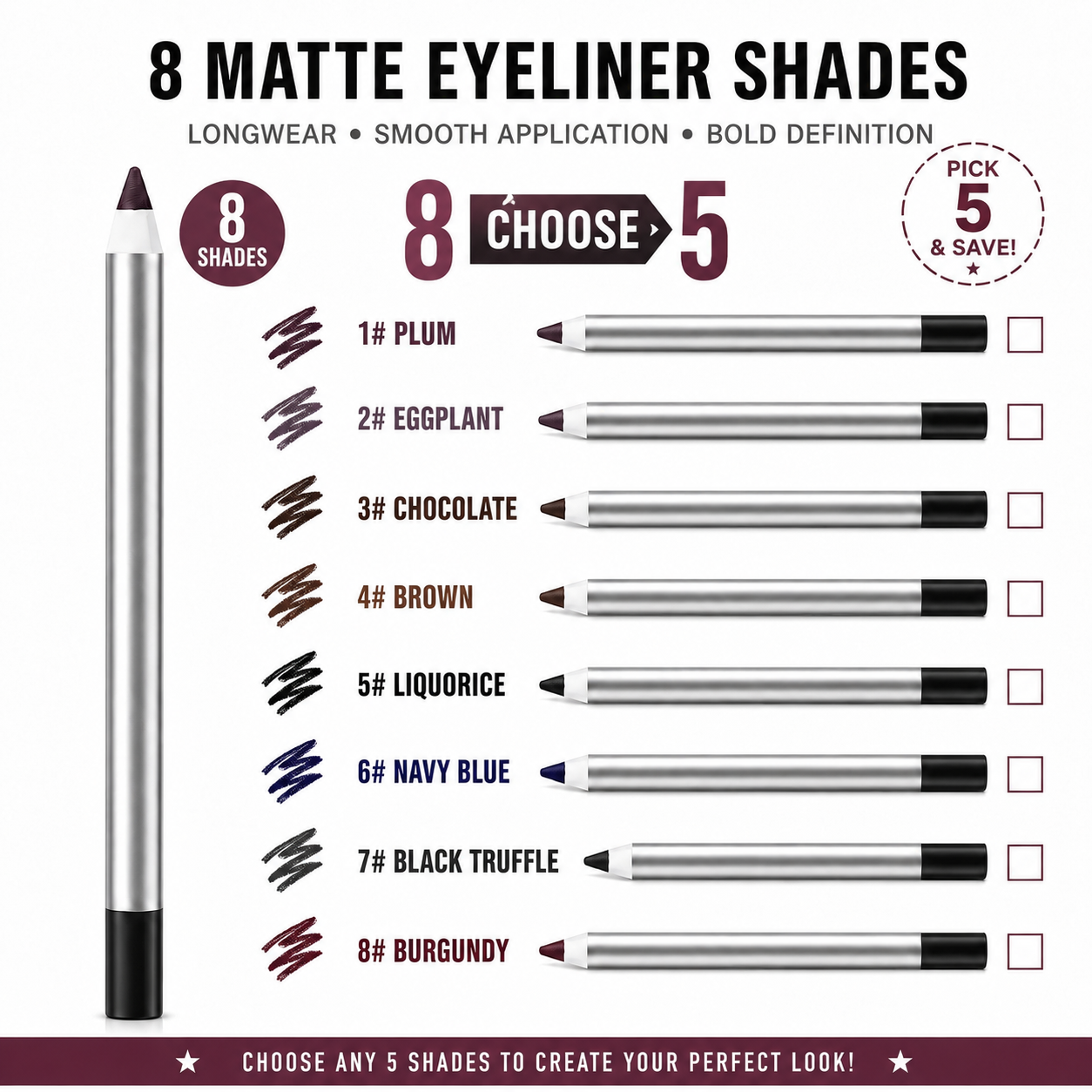 Pinkiou 8-Color Matte Longwear Eyeliner Pencil Set with Sharpener 5 Eyeliners-Pack Custom Set