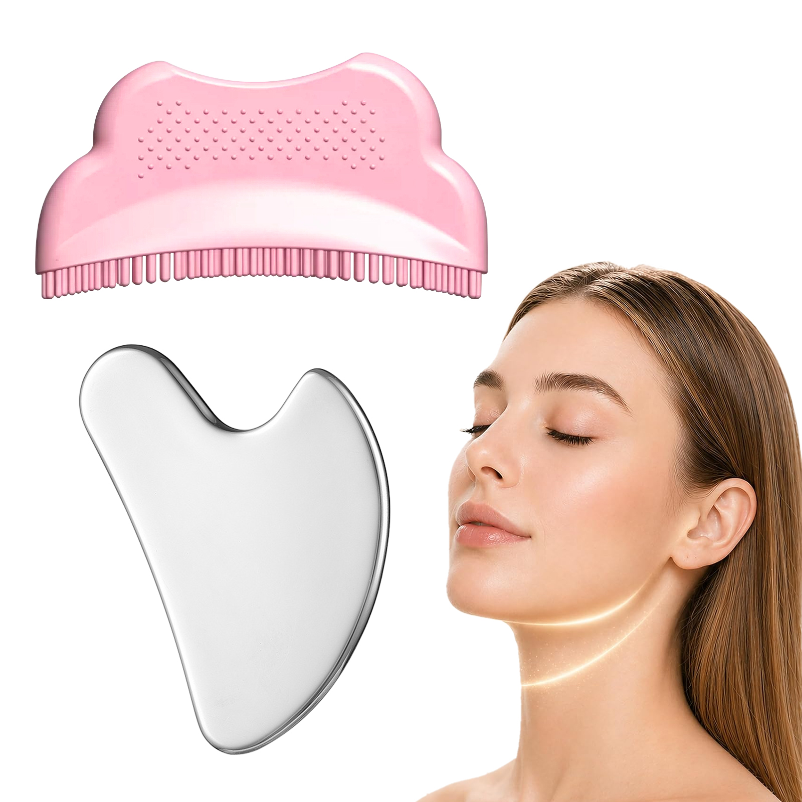 Pinkiou Lymphatic Contour Face Brush & Large Stainless Steel Gua Sha Tool Set, Gentle Facial Drainage Massager for Face and Neck, Jawline Sculpting, Anti-Puffiness for Women