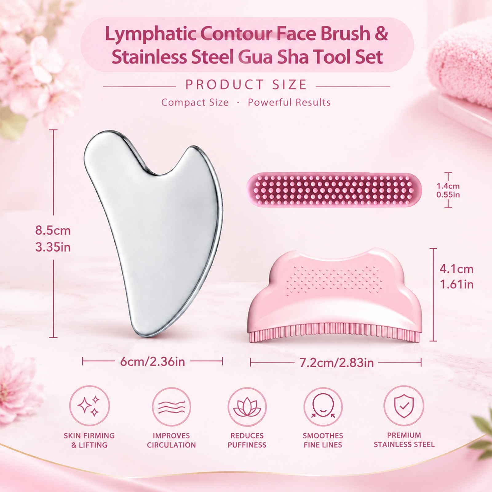 Pinkiou Lymphatic Contour Face Brush & Large Stainless Steel Gua Sha Tool Set, Gentle Facial Drainage Massager for Face and Neck, Jawline Sculpting, Anti-Puffiness for Women - Image 4