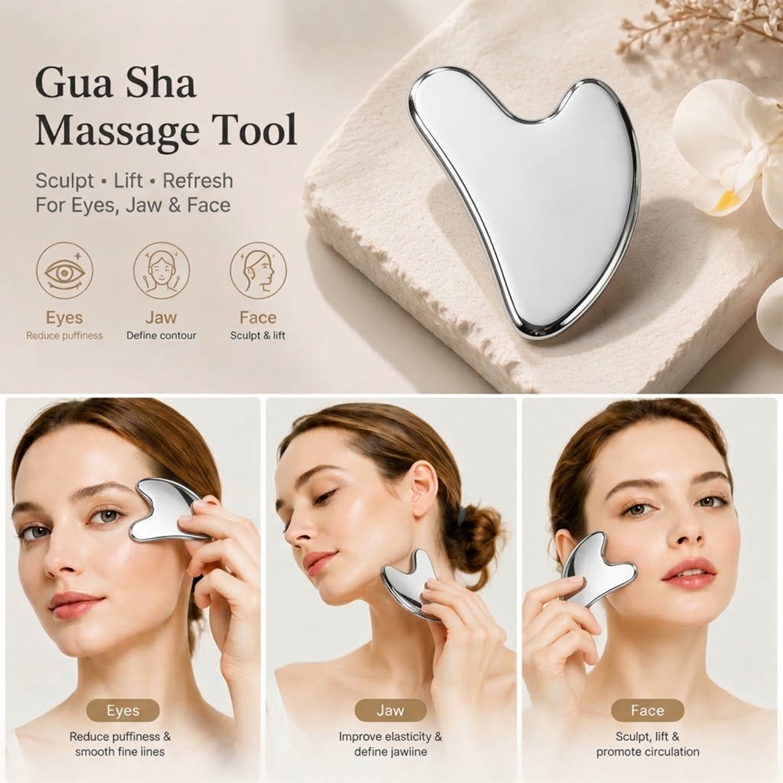 Pinkiou Lymphatic Contour Face Brush & Large Stainless Steel Gua Sha Tool Set, Gentle Facial Drainage Massager for Face and Neck, Jawline Sculpting, Anti-Puffiness for Women - Image 6