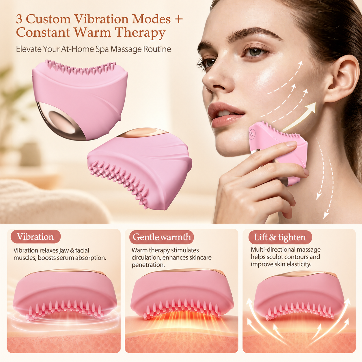 Lymphatic Contour Face Brush Electric 3-Level Vibration & Heating Facial Sculpting Tool, Double Chin Reducer & Anti-Puffiness facial brush for lymphatic drainage for Glowing Skin, Pink - Image 3