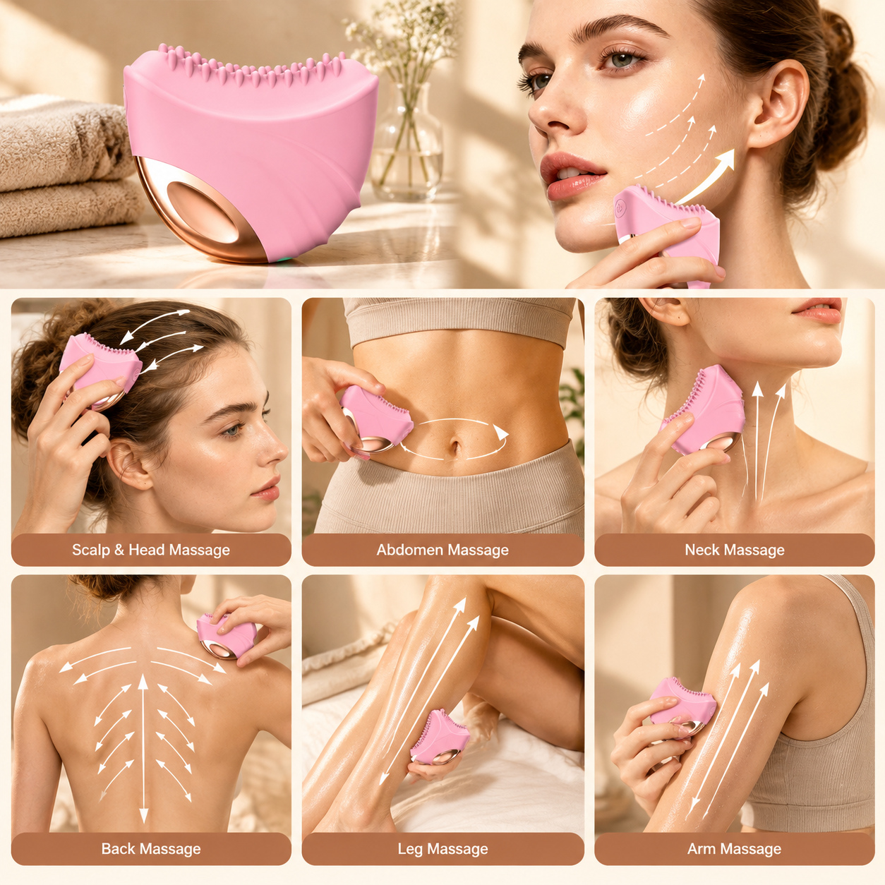 Lymphatic Contour Face Brush Electric 3-Level Vibration & Heating Facial Sculpting Tool, Double Chin Reducer & Anti-Puffiness facial brush for lymphatic drainage for Glowing Skin, Pink - Image 5