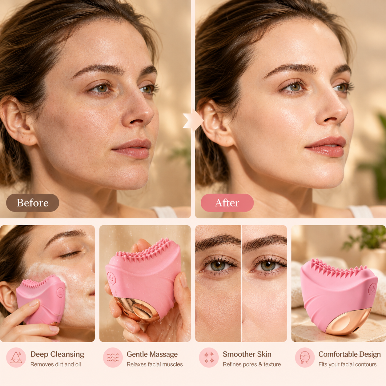 Lymphatic Contour Face Brush Electric 3-Level Vibration & Heating Facial Sculpting Tool, Double Chin Reducer & Anti-Puffiness facial brush for lymphatic drainage for Glowing Skin, Pink - Image 7